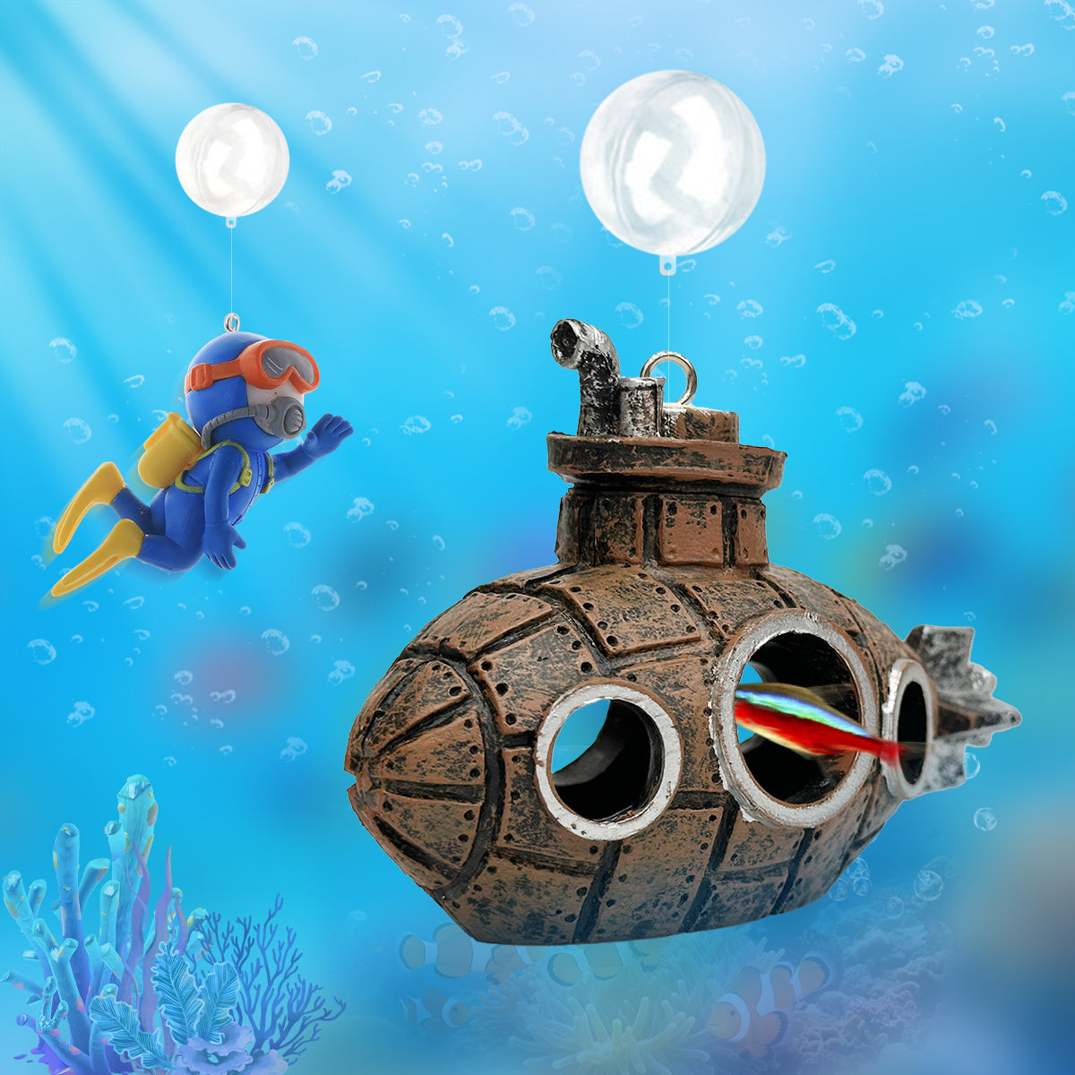Aquarium Decoration Submarine Diver Ornament Fish Tank Hideout, Submersible Submarine, Resin Sunken Ship Decorations