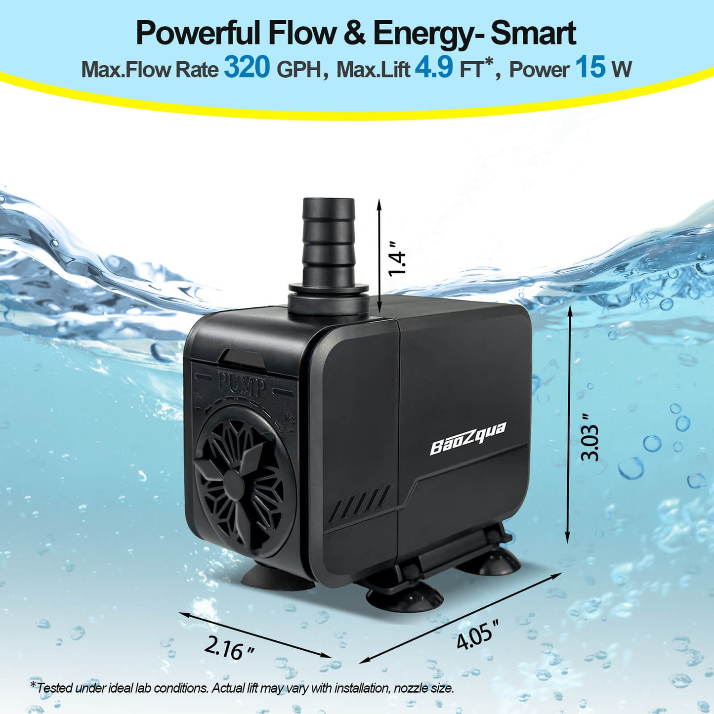 320GPH (1200L/H, 15W) Submersible Water Pump, Quiet & Energy-Efficient Fountain Pump, for Aquarium, Fish Tank, Pond, Fountain, Waterfall, Hydroponics, with 3 Nozzles and 6.6ft Power Cord