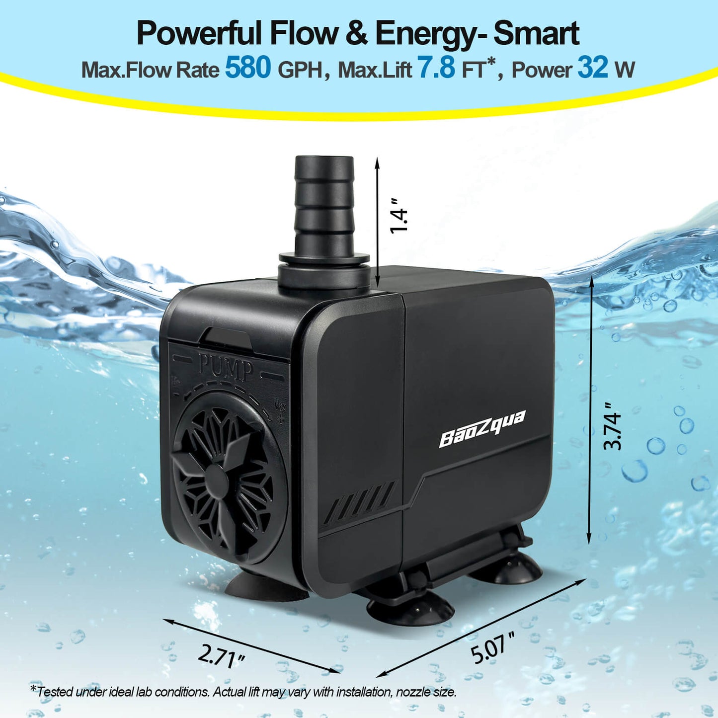 580GPH (2200L/H, 32W) Submersible Water Pump, Quiet & Energy-Efficient Fountain Pump, for Aquarium, Fish Tank, Pond, Fountain, Waterfall, Hydroponics, with 3 Nozzles and 6.6ft Power Cord