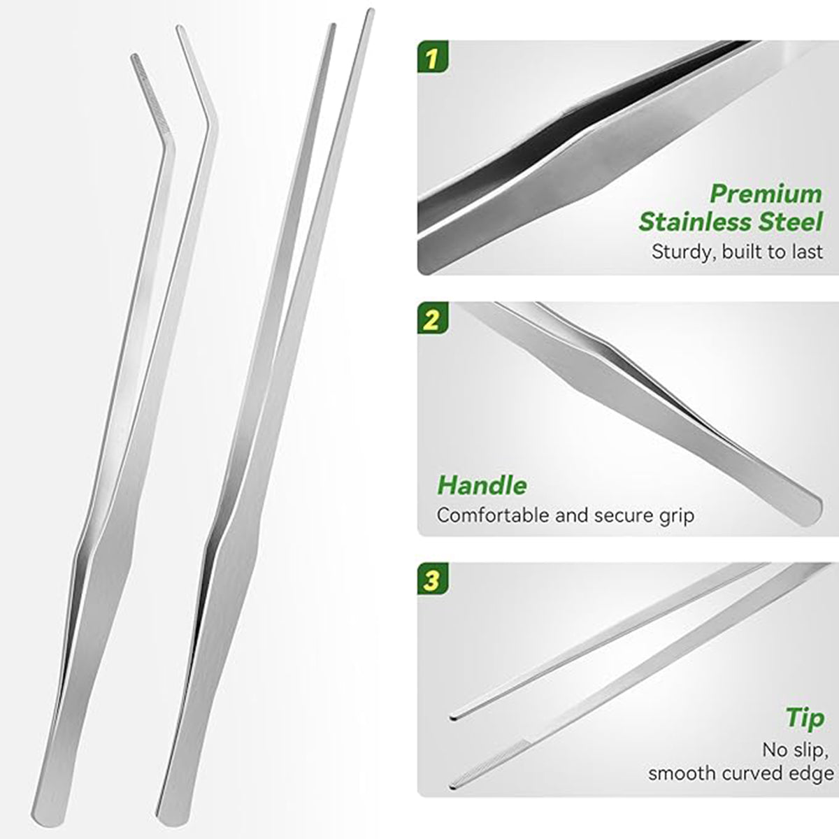 2-Pack 15 INCH Stainless Steel Long Tweezers, Curved and Straight Design with No Slip Grasp Tips Reptile Feeding Tongs, Aquascape Tools Snake Bearded Dragon Tank Accessories