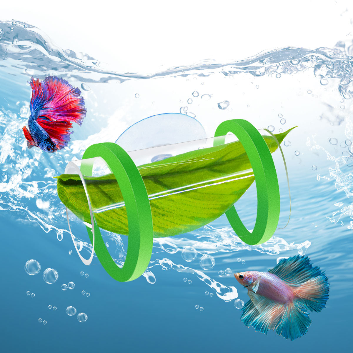 Aquarium Acrylic Tube Tunnel with Suction Cup and Floatation Rings, Betta Fish Hammock, Betta Fish Leaf Mat Breeding and Resting Bed Simulating the Natural Habitat of Betta Fish Spawning Grounds, Betta Fish Shelter, Eva Rings, Green