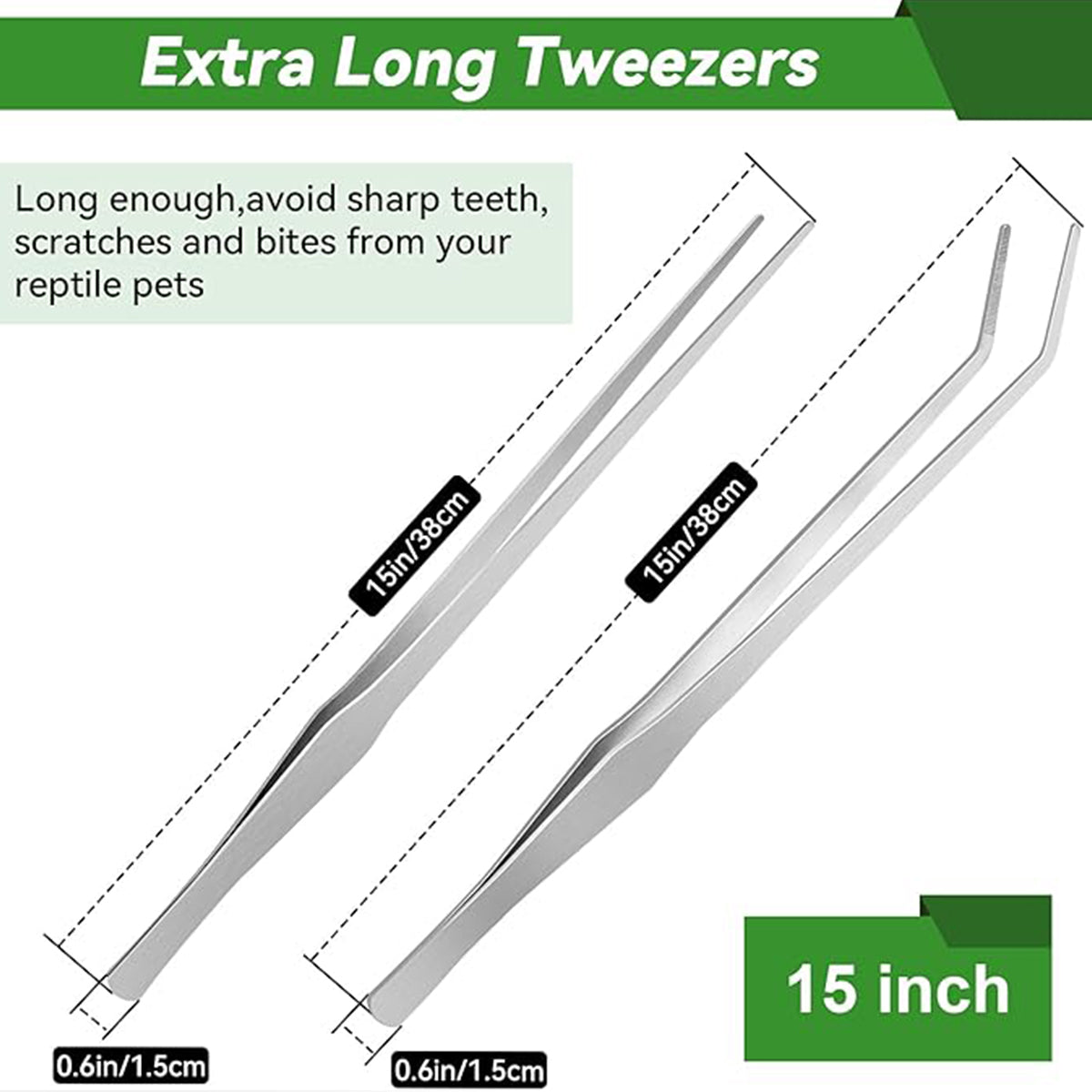 2-Pack 15 INCH Stainless Steel Long Tweezers, Curved and Straight Design with No Slip Grasp Tips Reptile Feeding Tongs, Aquascape Tools Snake Bearded Dragon Tank Accessories