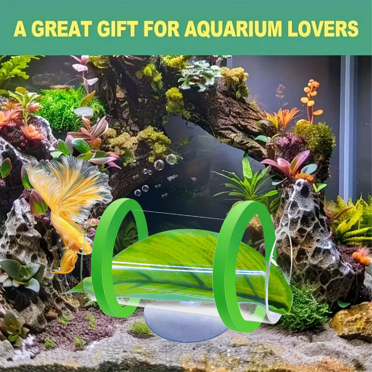 Aquarium Acrylic Tube Tunnel with Suction Cup and Floatation Rings, Betta Fish Hammock, Betta Fish Leaf Mat Breeding and Resting Bed Simulating the Natural Habitat of Betta Fish Spawning Grounds, Betta Fish Shelter, Eva Rings, Green