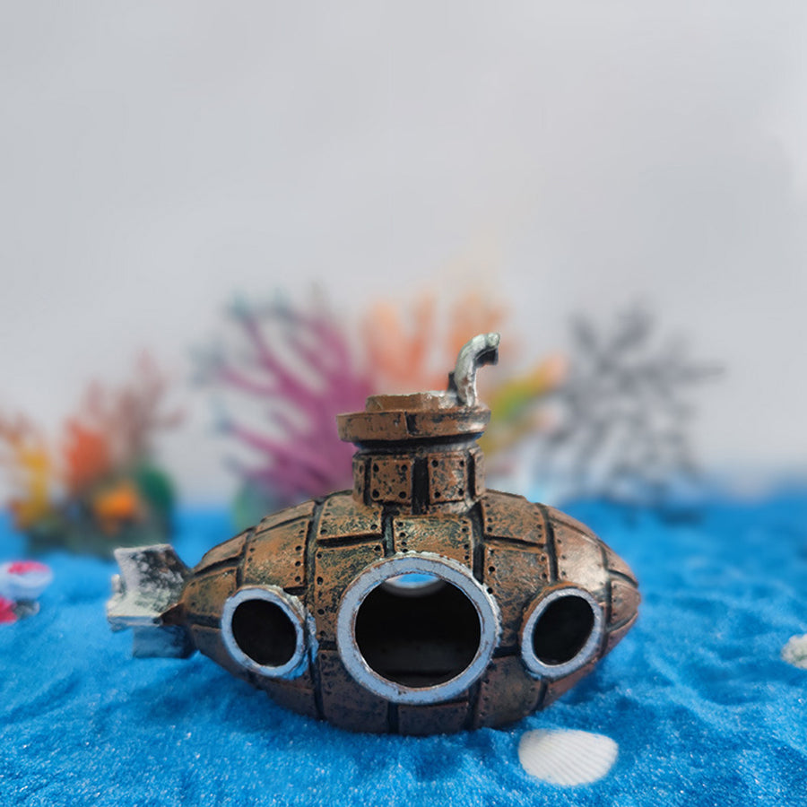 Fish Tank Decorations, Resin Hollow Submarine Fish Tank Decorations, Fish Broken Barrel Decor Aquarium Shrimp Hideout Aquarium Ornament for Fish Cave Hide Tank Decorations