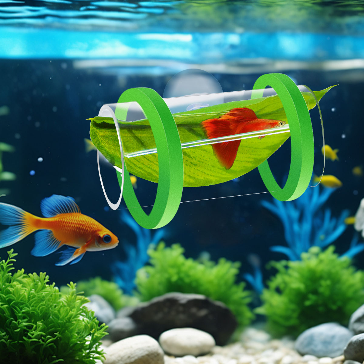 Aquarium Acrylic Tube Tunnel with Suction Cup and Floatation Rings, Betta Fish Hammock, Betta Fish Leaf Mat Breeding and Resting Bed Simulating the Natural Habitat of Betta Fish Spawning Grounds, Betta Fish Shelter, Eva Rings, Green