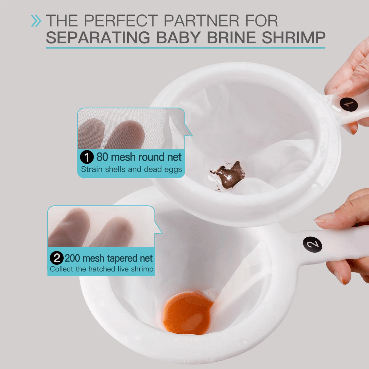 Brine Shrimp Net Separator Kit - 80/200 Mesh Filters with Collapsible Handle & Feeding Tubes for Brine Shrimp Harvesting