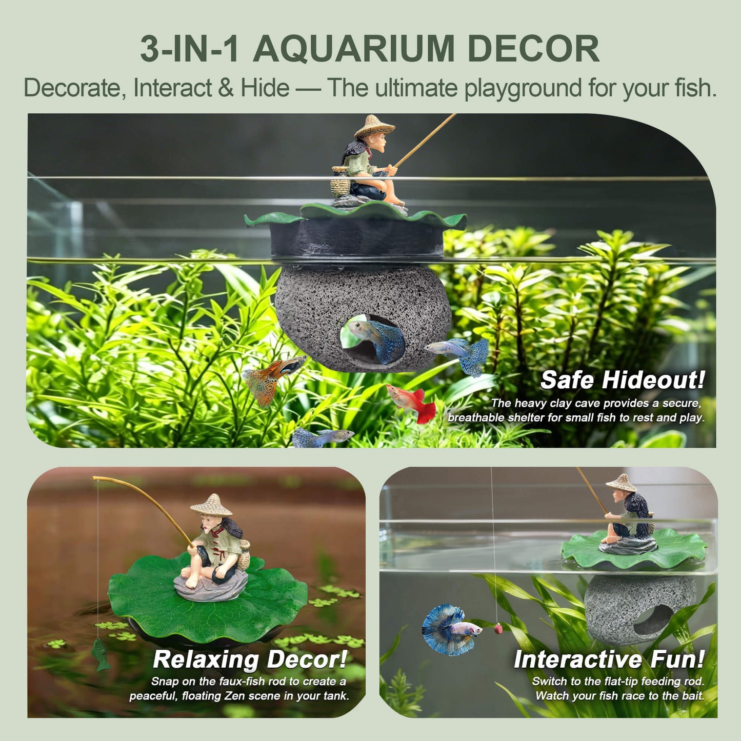 BaoZqua 3-in-1 Floating Fish Tank Fisherman Decor, Lotus Pad & Betta Cave