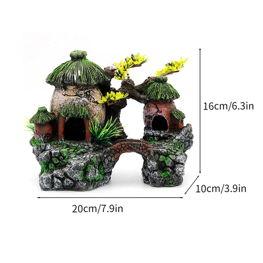 Classical Chinese Landscape Aquarium Decor – Resin Fish Tank Castle Ornament with Arch Bridge, Lifelike Village Hideout Cave for Betta, Shrimp & Small Fish