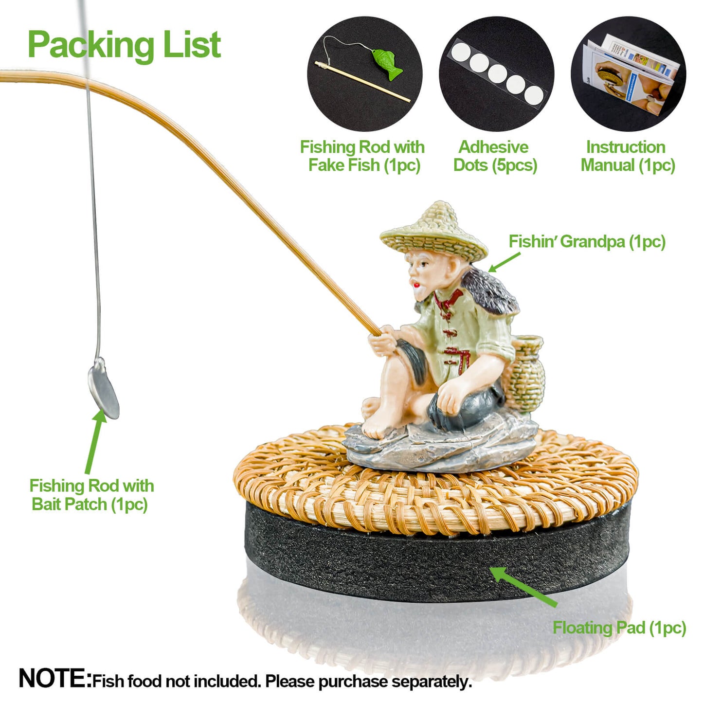 BaoZqua Floating Fish Tank Decorations, Resin Fisherman Aquarium Decor with Realistic Mini Fishing Rod, Fun Fish Feeder Aquarium Ornaments for Guppy Betta and Small Schooling Species Interactive Toy