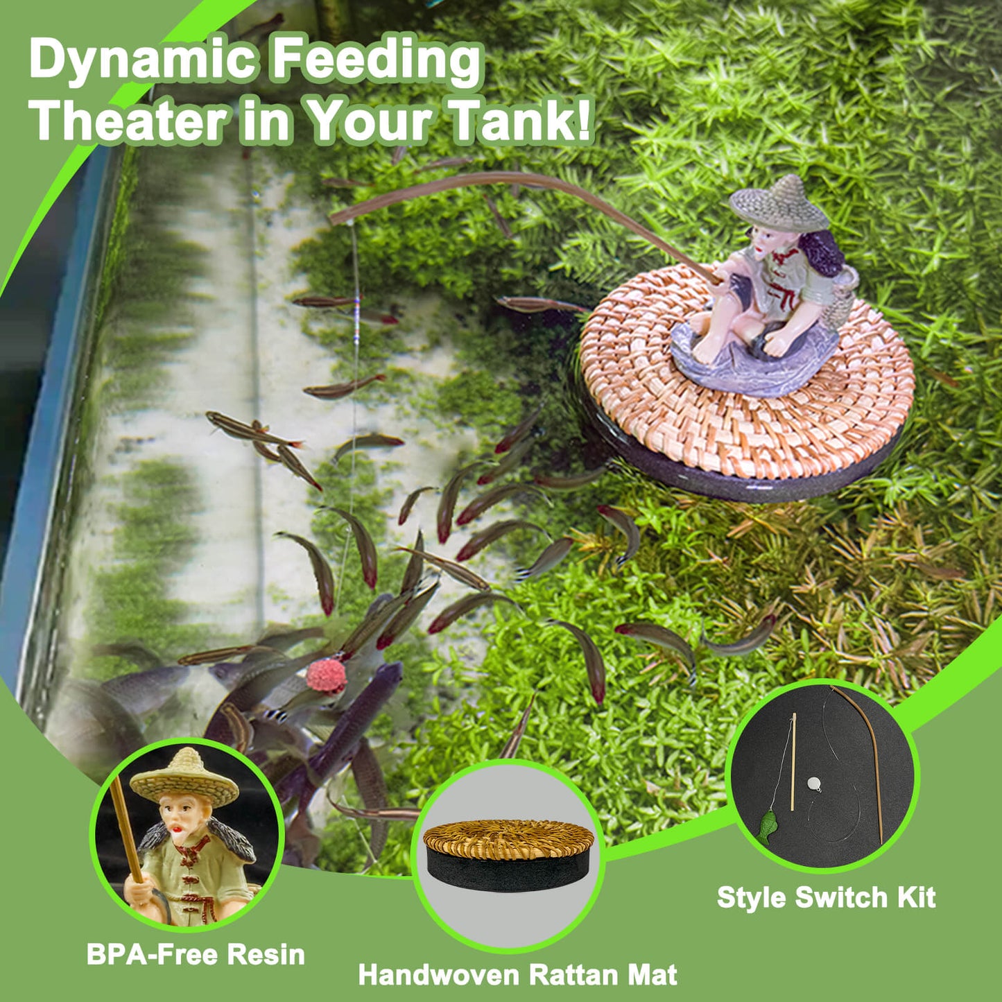 BaoZqua Floating Fish Tank Decorations, Resin Fisherman Aquarium Decor with Realistic Mini Fishing Rod, Fun Fish Feeder Aquarium Ornaments for Guppy Betta and Small Schooling Species Interactive Toy
