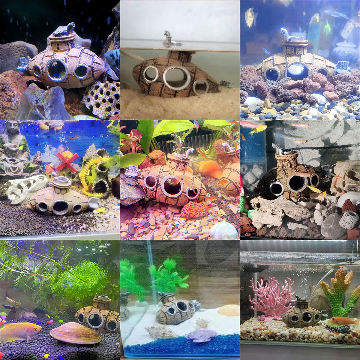 Fish Tank Decorations, Resin Hollow Submarine Fish Tank Decorations, Fish Broken Barrel Decor Aquarium Shrimp Hideout Aquarium Ornament for Fish Cave Hide Tank Decorations