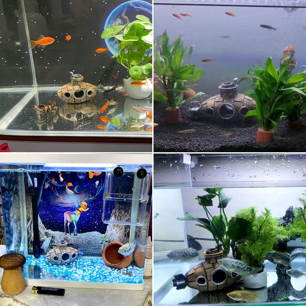 Fish Tank Decorations, Resin Hollow Submarine Fish Tank Decorations, Fish Broken Barrel Decor Aquarium Shrimp Hideout Aquarium Ornament for Fish Cave Hide Tank Decorations