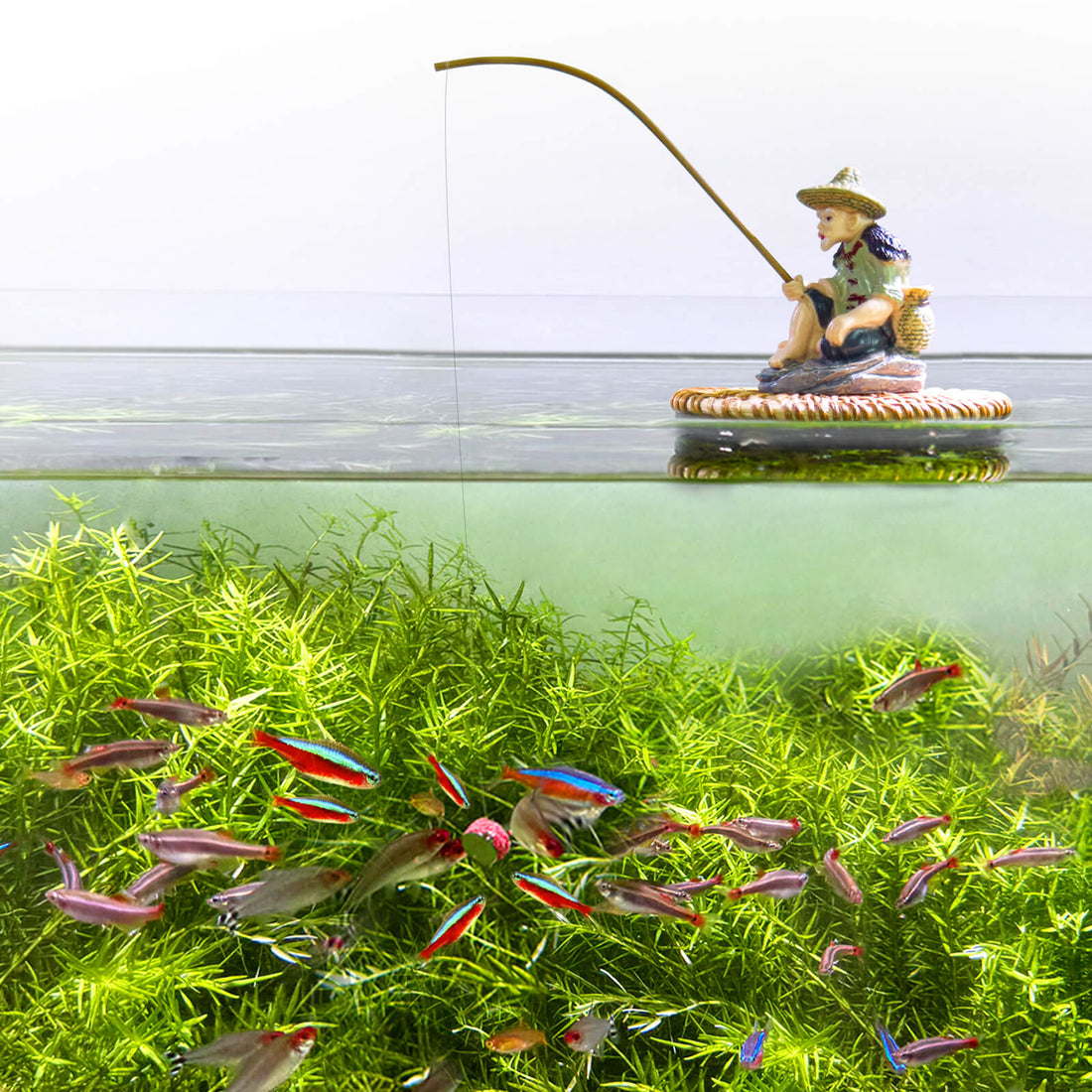 Floating fisherman aquarium decoration on water surface