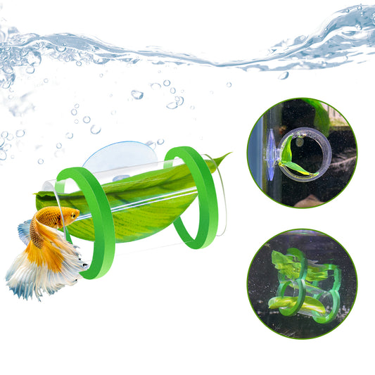 Aquarium Acrylic Tube Tunnel with Suction Cup and Floatation Rings,  Betta Fish Hammock, Betta Fish Leaf Mat Breeding and Resting Bed Simulating the Natural Habitat of Betta Fish Spawning Grounds, Betta Fish Shelter, Eva Rings, Green