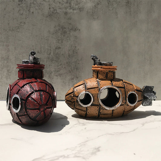 Fish Tank Decorations, Resin Hollow Submarine Fish Tank Decorations, Fish Broken Barrel Decor Aquarium Shrimp Hideout Aquarium Ornament for Fish Cave Hide Tank Decorations