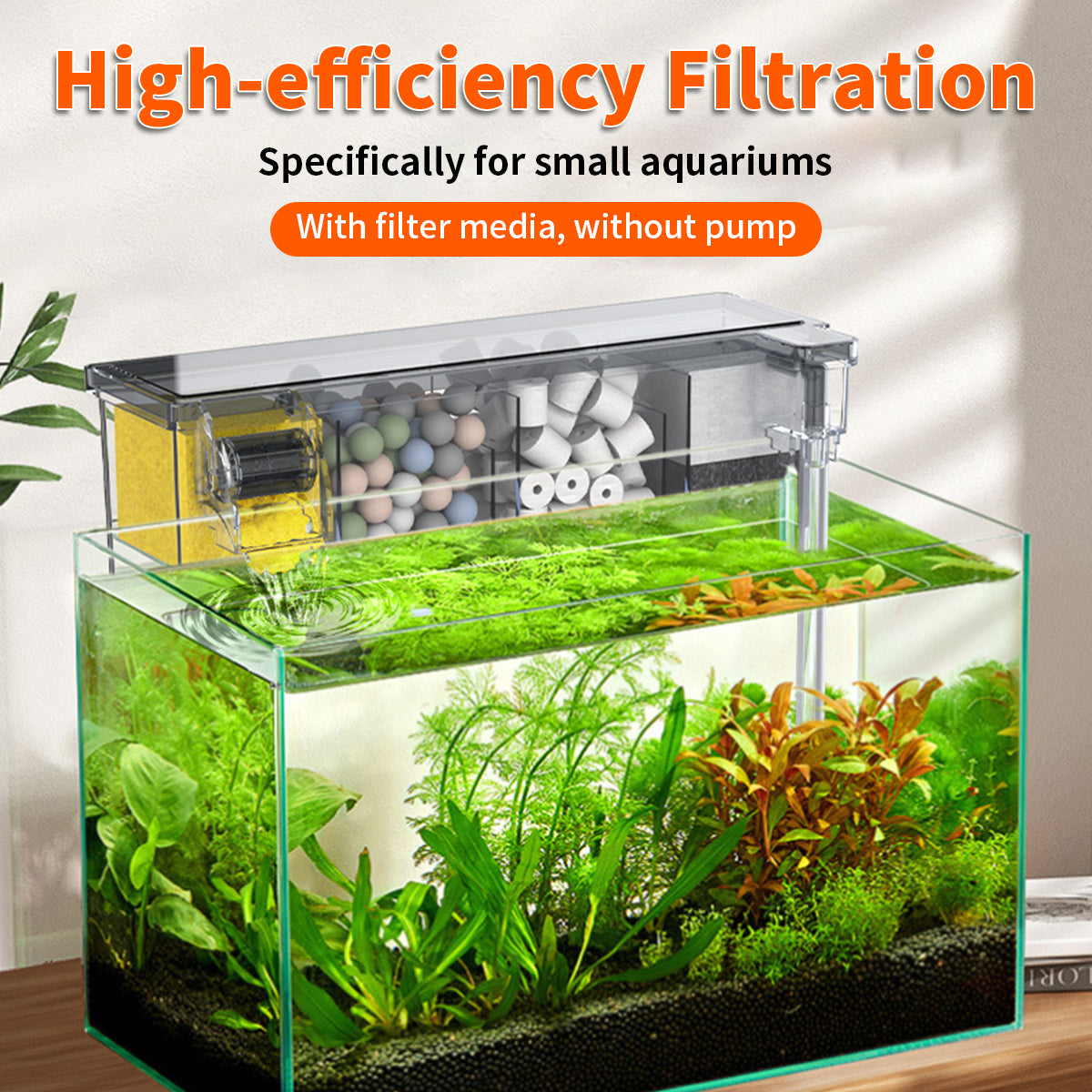 Aquarium Waterfall Filtration with Filter Media for Small Fish Tank, External Wall-Mounted Fish Tank Filter, Pump Not Included, Suitable for 1-9 Gallon Tank