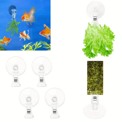 4PCS Transparent Adjustable Suction Cup Clips, Transparent Fishes Veggie Seaweed Plant Suction Cup Clip, Feeding Tool Feed Holder Aquarium Accessories for Fish Tank, Fish Feeder Clips for Marine Aquarium