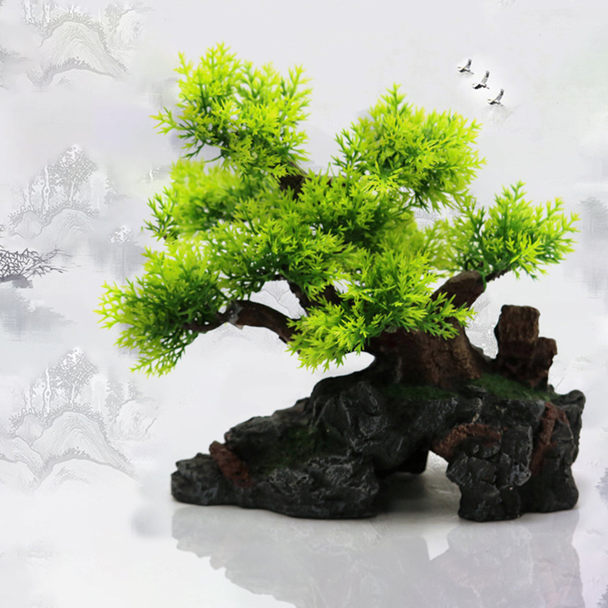 Aquarium Tree Mountain Ornament, Artificial Mountain Ornament, Resin Rockery Rock Cave with Small Plant Tree, Fish Tank Landscaping Tree Ornaments for Aquascape
