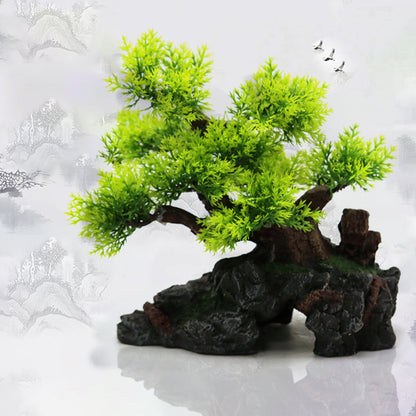 Aquarium Tree Mountain Ornament, Artificial Mountain Ornament, Resin Rockery Rock Cave with Small Plant Tree, Fish Tank Landscaping Tree Ornaments for Aquascape