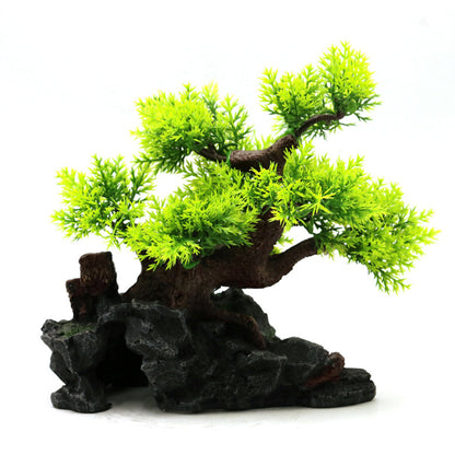 Aquarium Tree Mountain Ornament, Artificial Mountain Ornament, Resin Rockery Rock Cave with Small Plant Tree, Fish Tank Landscaping Tree Ornaments for Aquascape