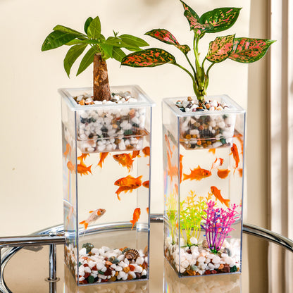 Crystal-Clear Plastic Fish Tank, Cylindrical or Rectangular Desktop Fish Tank & Hydroponic Planter, High-Transparency Display for Aquatic Plants, Fresh/Dried Flowers, Home & Office Décor