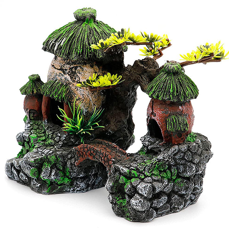 Classical Chinese Landscape Aquarium Decor – Resin Fish Tank Castle Ornament with Arch Bridge, Lifelike Village  Hideout Cave for Betta, Shrimp & Small Fish
