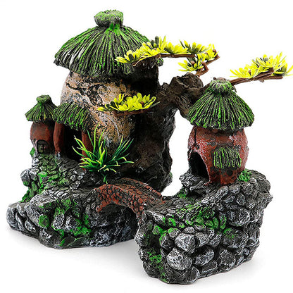 Classical Chinese Landscape Aquarium Decor – Resin Fish Tank Castle Ornament with Arch Bridge, Lifelike Village  Hideout Cave for Betta, Shrimp & Small Fish