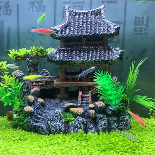 Classical Chinese Landscape for Aquarium Decorations, Fish Tank Castle with Shelf, Aquarium Ornament for Guppy Betta Clownfish