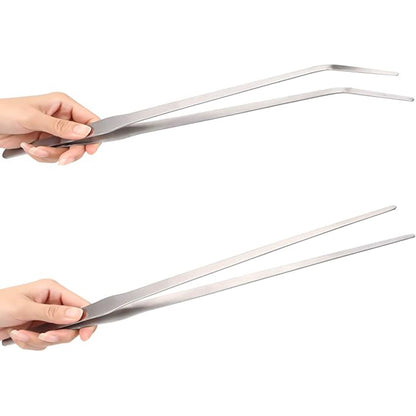 2-Pack 15 INCH Stainless Steel Long Tweezers, Curved and Straight Design with No Slip Grasp Tips Reptile Feeding Tongs, Aquascape Tools Snake Bearded Dragon Tank Accessories