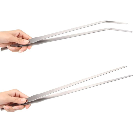 2-Pack 15 INCH Stainless Steel Long Tweezers, Curved and Straight Design with No Slip Grasp Tips Reptile Feeding Tongs, Aquascape Tools Snake Bearded Dragon Tank Accessories