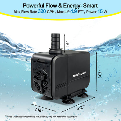 320GPH (1200L/H, 15W) Submersible Water Pump, Quiet & Energy-Efficient Fountain Pump, for Aquarium, Fish Tank, Pond, Fountain, Waterfall, Hydroponics, with 3 Nozzles and 6.6ft Power Cord