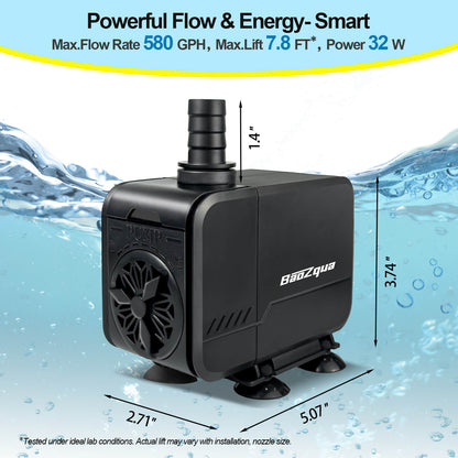 580GPH (2200L/H, 32W) Submersible Water Pump, Quiet & Energy-Efficient Fountain Pump, for Aquarium, Fish Tank, Pond, Fountain, Waterfall, Hydroponics, with 3 Nozzles and 6.6ft Power Cord