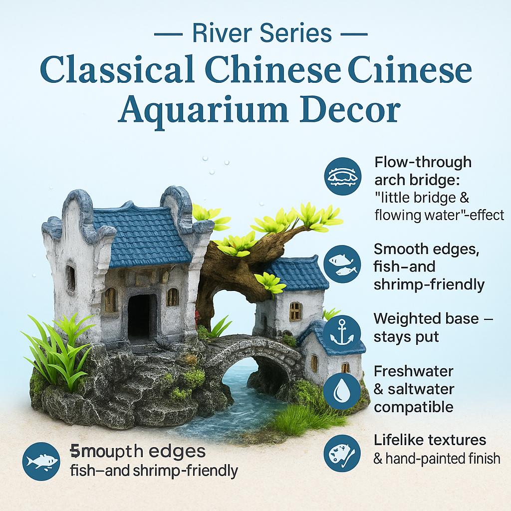 Classical Chinese Landscape Aquarium Castle Decor, Resin Fish Tank Ornament with Arch Bridge & Houses – River Series Lifelike Aquascape Decoration