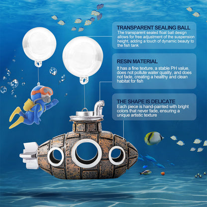 Aquarium Decoration Submarine Diver Ornament Fish Tank Hideout, Submersible Submarine, Resin  Sunken Ship Decorations