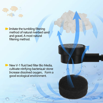 Aquarium Fluidized Bed Filter, Medium Submersible Sponge Filter with Air Stone, Ultra-Quiet Oxygenation, Air Pump Accessories, Suitable for Freshwater And Saltwater, Without Battery