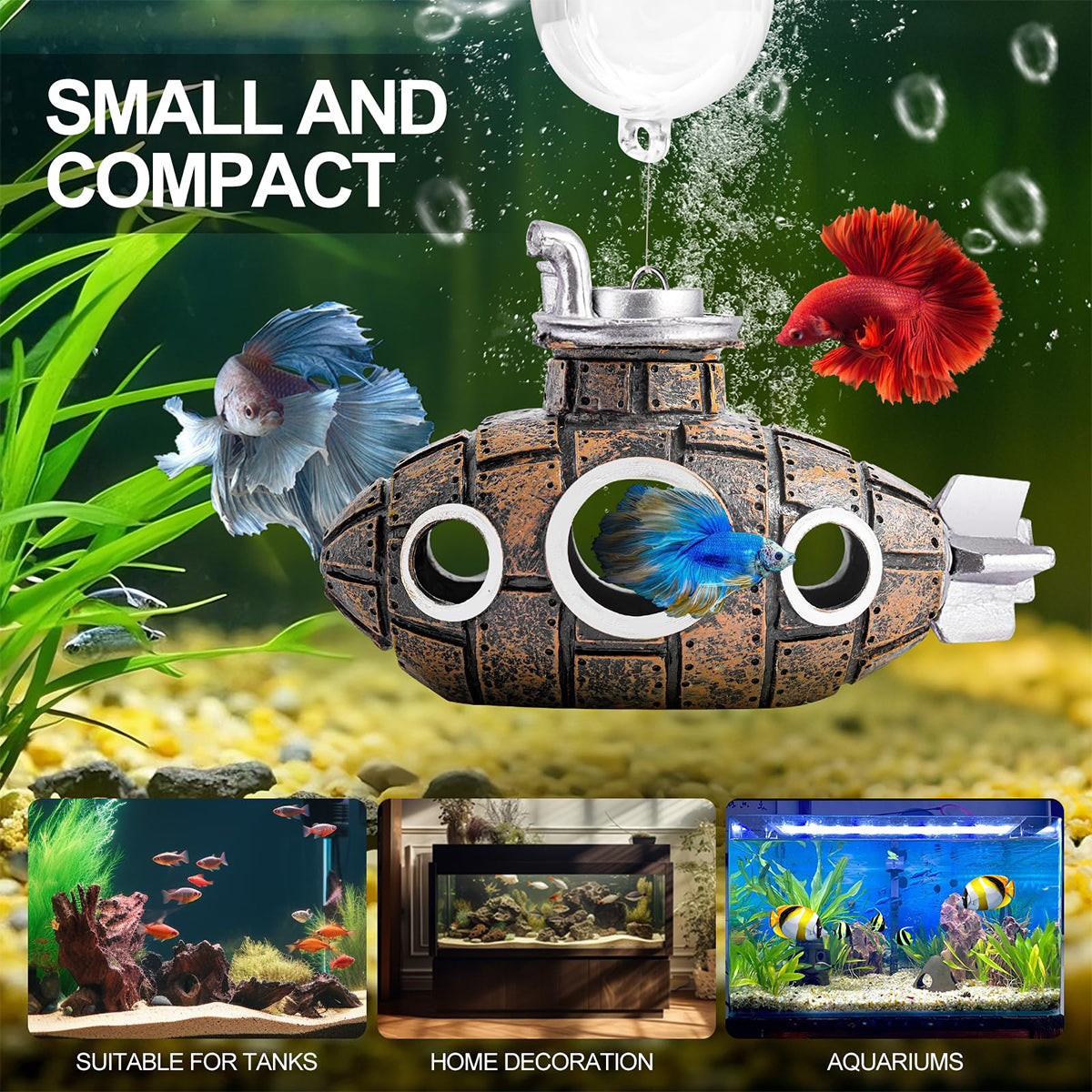 Aquarium Decoration Submarine Diver Ornament Fish Tank Hideout, Submersible Submarine, Resin  Sunken Ship Decorations