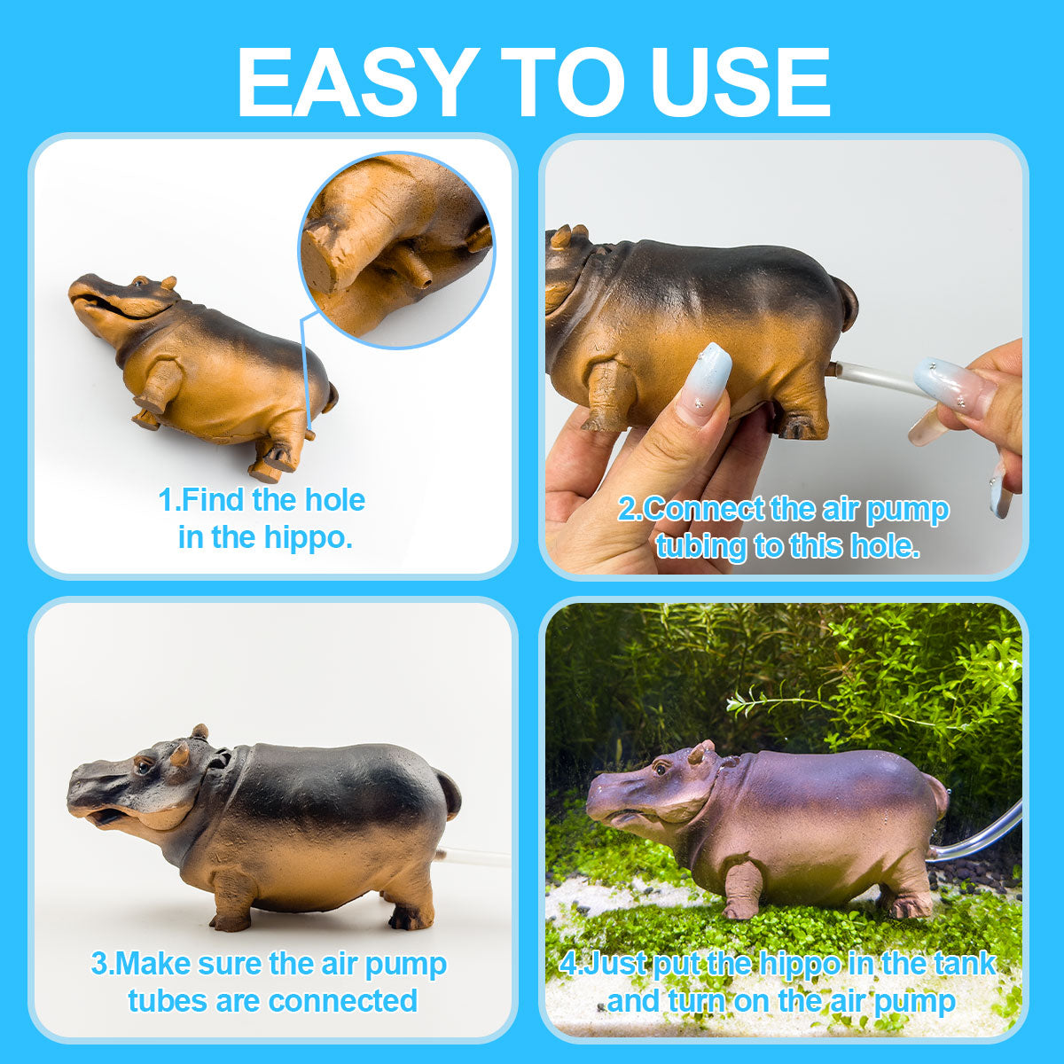 Aquarium Artificial Resin Hippo-Shaped Air Bubbler Decorations for Fish Tank, Aerated Bubble Stones, Aquatic Pet Supplies Home Accessories Decoration, Fish Tank Bubbler Decorations Aquarium Ornament Kit with Air Stone Pump, Pump not included