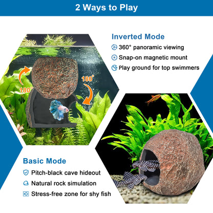 BaoZqua 3rd-Gen Magnetic Aquarium Cave, Realistic Magnetic Rocks Fish Tank Decor with Strong Magnet, Resin Pleco Hideout for Betta, Cichlid and Shrimp, Easy Viewing Shelter for Small Fish and Reptiles