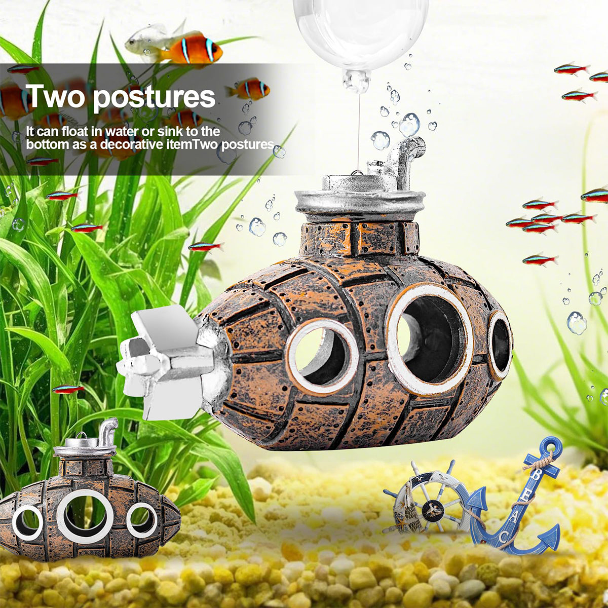 Aquarium Decoration Submarine Diver Ornament Fish Tank Hideout, Submersible Submarine, Resin  Sunken Ship Decorations