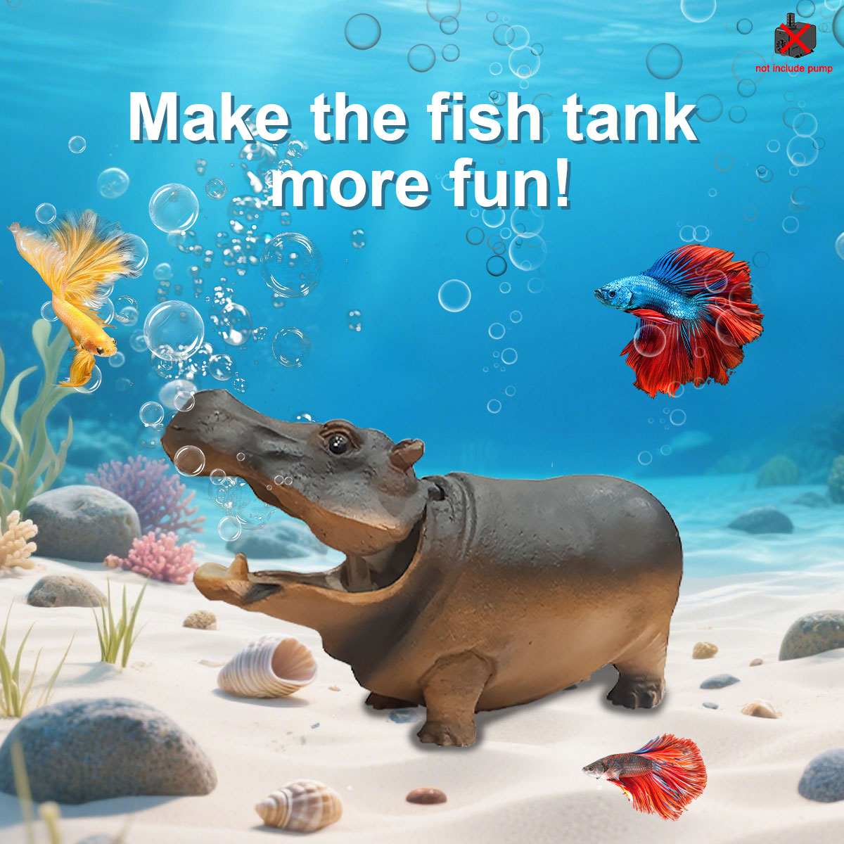 Aquarium Artificial Resin Hippo-Shaped Air Bubbler Decorations for Fish Tank, Aerated Bubble Stones, Aquatic Pet Supplies Home Accessories Decoration, Fish Tank Bubbler Decorations Aquarium Ornament Kit with Air Stone Pump, Pump not included