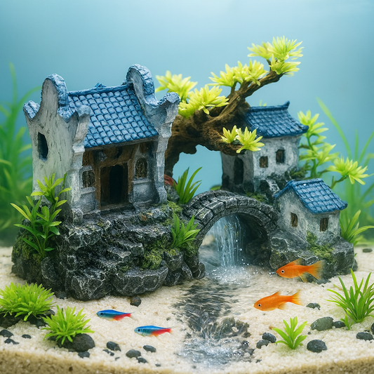 Classical Chinese Landscape Aquarium Castle Decor, Resin Fish Tank Ornament with Arch Bridge & Houses – River Series Lifelike Aquascape Decoration