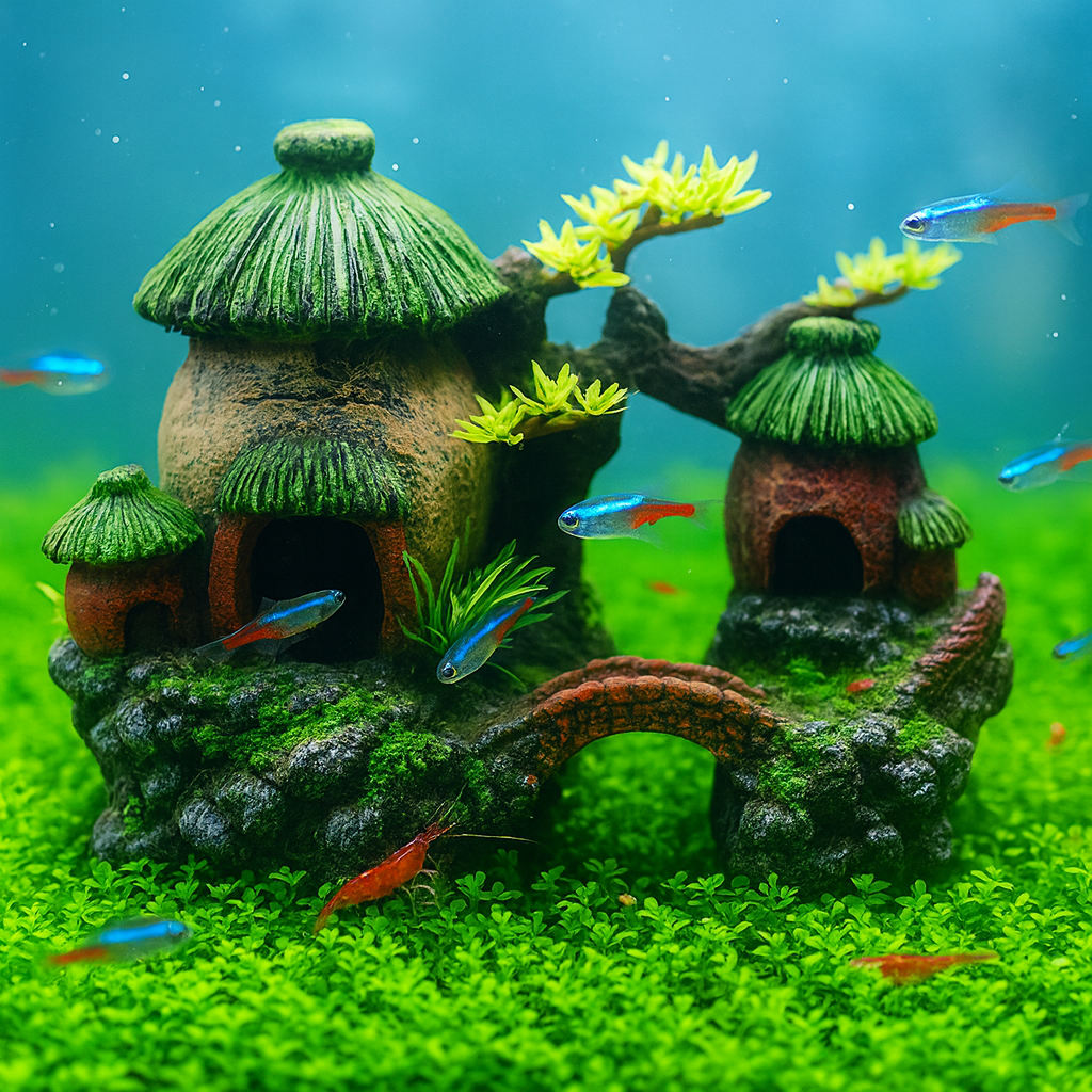 Classical Chinese Landscape Aquarium Decor – Resin Fish Tank Castle Ornament with Arch Bridge, Lifelike Village  Hideout Cave for Betta, Shrimp & Small Fish