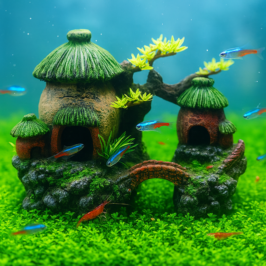 Classical Chinese Landscape Aquarium Decor – Resin Fish Tank Castle Ornament with Arch Bridge, Lifelike Village  Hideout Cave for Betta, Shrimp & Small Fish
