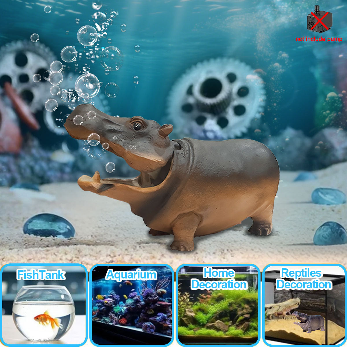 Aquarium Artificial Resin Hippo-Shaped Air Bubbler Decorations for Fish Tank, Aerated Bubble Stones, Aquatic Pet Supplies Home Accessories Decoration, Fish Tank Bubbler Decorations Aquarium Ornament Kit with Air Stone Pump, Pump not included