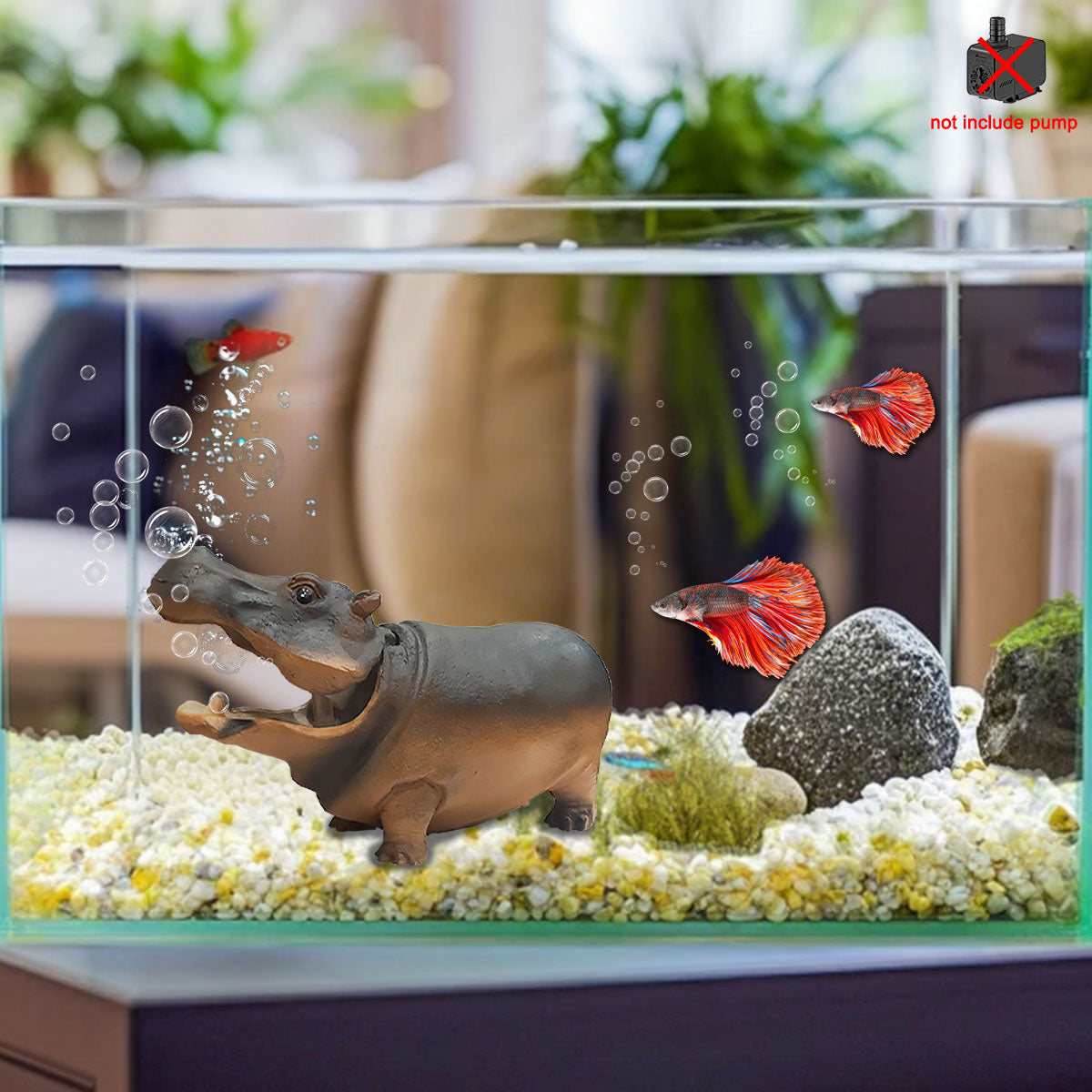 Aquarium Artificial Resin Hippo-Shaped Air Bubbler Decorations for Fish Tank, Aerated Bubble Stones, Aquatic Pet Supplies Home Accessories Decoration, Fish Tank Bubbler Decorations Aquarium Ornament Kit with Air Stone Pump, Pump not included