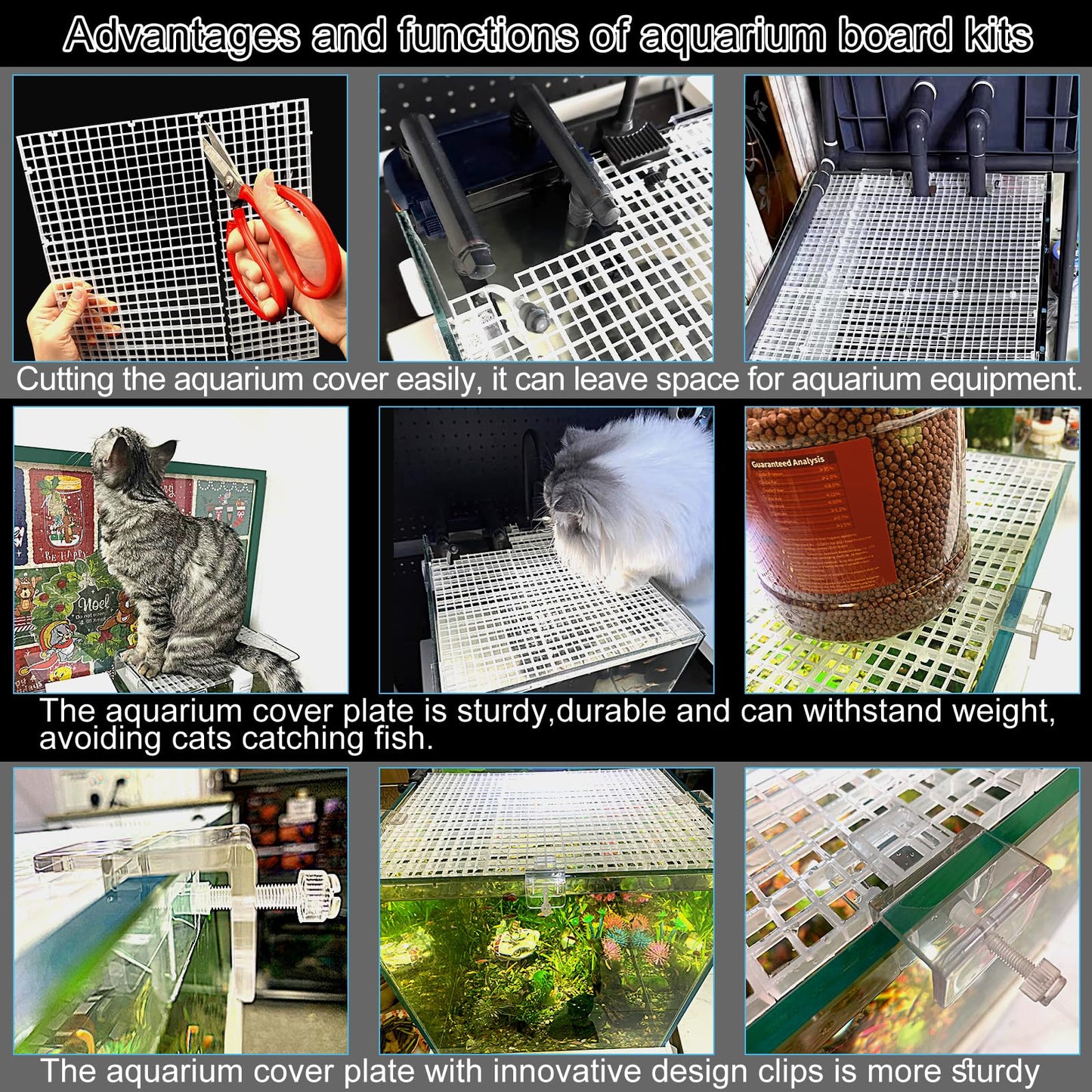 6/12 PCS Aquarium Fish Tank Top Cover Lid Divider Plastic Grid Panel Egg Crate Grate Bottom Isolation Filter Tray Separation Hoods with Acrylic Clear Holder
