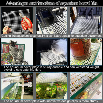 6/12 PCS Aquarium Fish Tank Top Cover Lid Divider Plastic Grid Panel Egg Crate Grate Bottom Isolation Filter Tray Separation Hoods with Acrylic Clear Holder