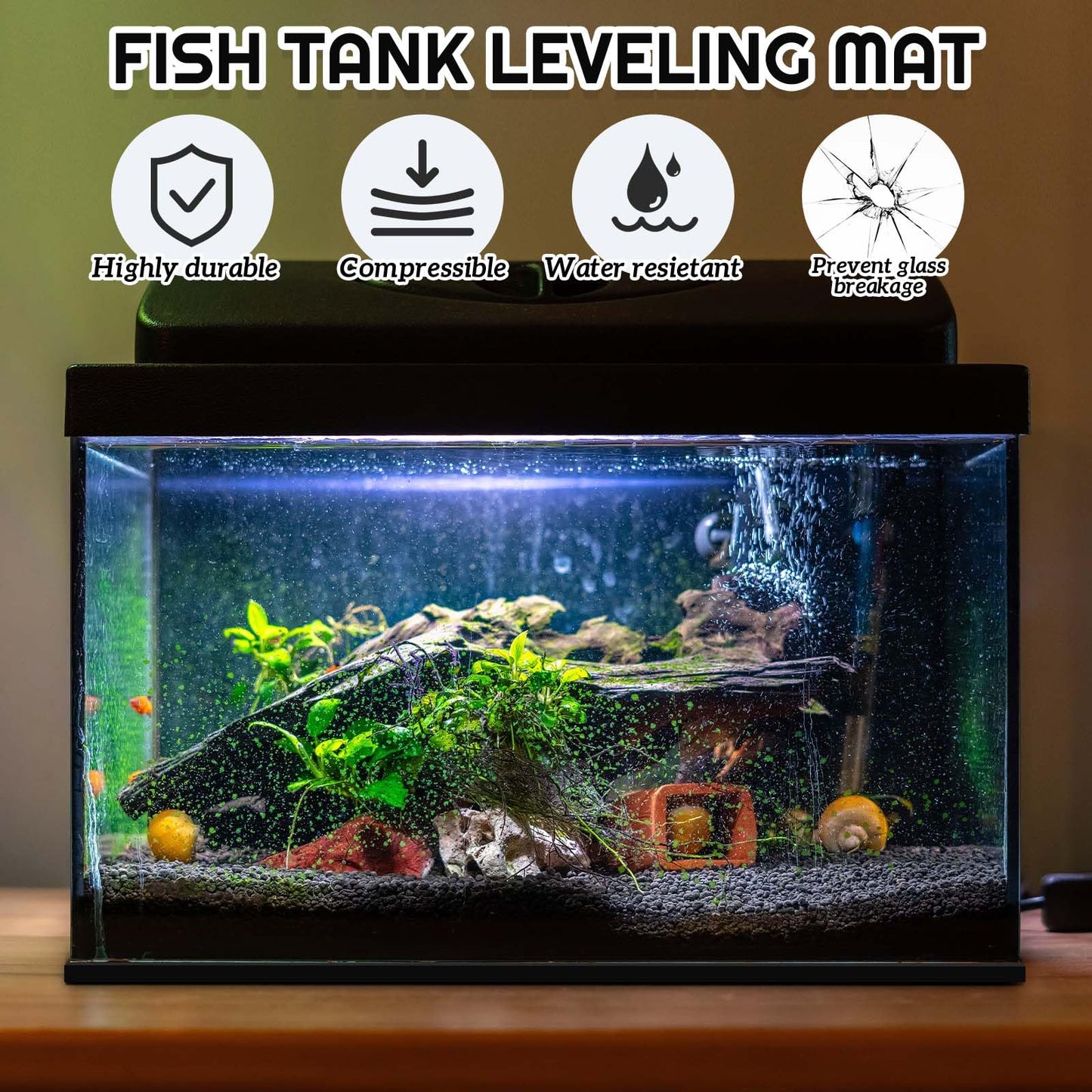Aquarium Leveling Mat, 10 Gallon Fish Tank Mat for Shock Absorbing, 19.68 X11.81 Inches Compressible Neoprene Mat, Heavy Weight Support Fish Tank Cushions Nonslip Aquarium Bottom Pad, Black Foam Leveling Mat