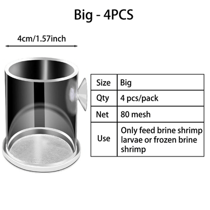 4PCS Acrylic Brine Shrimp Feeding Cups with 80 Mesh Net – Semi-Automatic Feeder Rings for Guppy, Betta, and Fish Fry – For Fresh or Frozen Baby Brine Shrimp