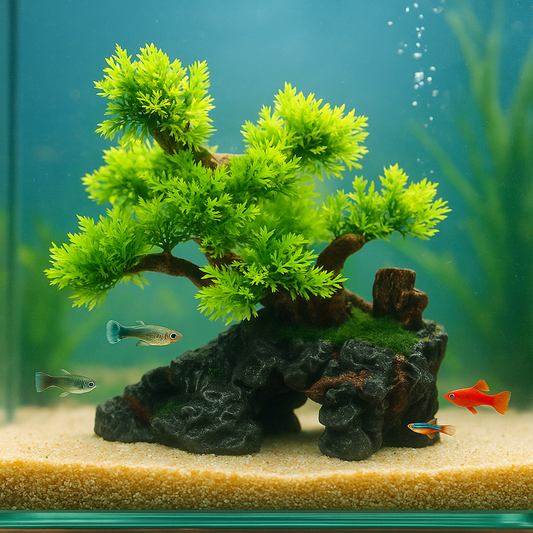 Aquarium Tree Mountain Ornament, Artificial Mountain Ornament, Resin Rockery Rock Cave with Small Plant Tree, Fish Tank Landscaping Tree Ornaments for Aquascape